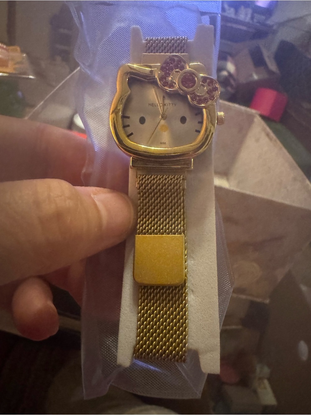 Hello Kitty Gold Tone Mesh Band Watch with Crystal Bow